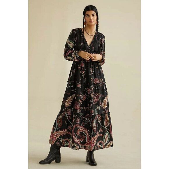 NWT ANTHROPOLOGIE Sz 10 PAISLEY MAXI DRESS In BLACK MOTIF - Picture 1 of 6